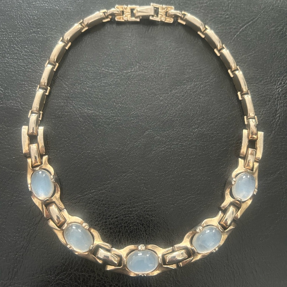 Vintage Barclay faux moonstone & gold tone link choker necklace. Signed.